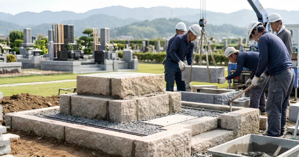 日本の伝統的な一般墓の建設現場。クレーンで墓石を設置し、基礎工事を行う職人の様子と、石材の質感がわかる風景。