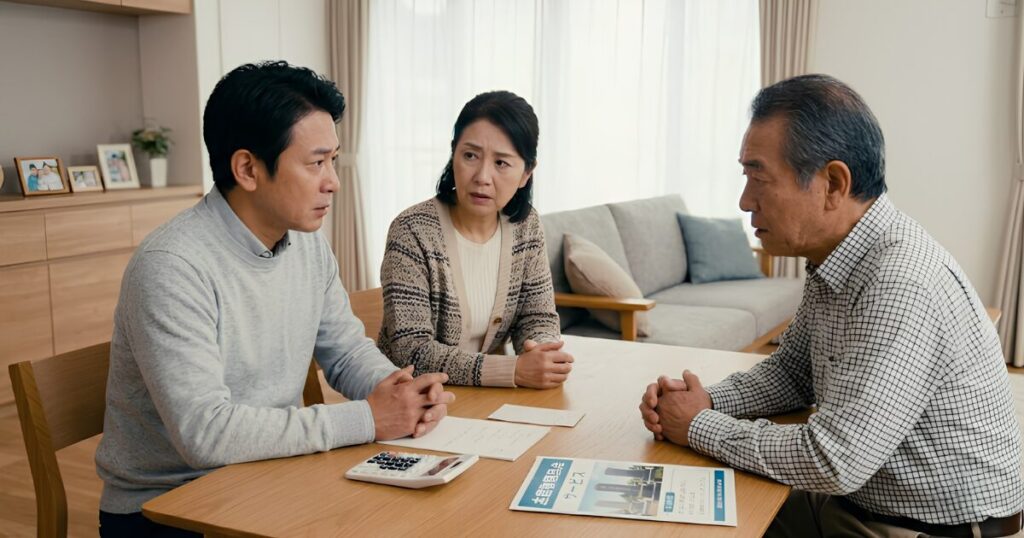 リビングで墓じまいの費用負担について深刻に話し合う日本人家族(兄弟と両親)