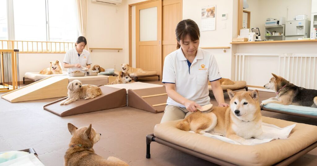 清潔で日当たりの良い日本の老犬ホーム施設内。専門スタッフ（日本人女性）がシニア犬（柴犬など）に優しく接し、ケアを行っている様子。