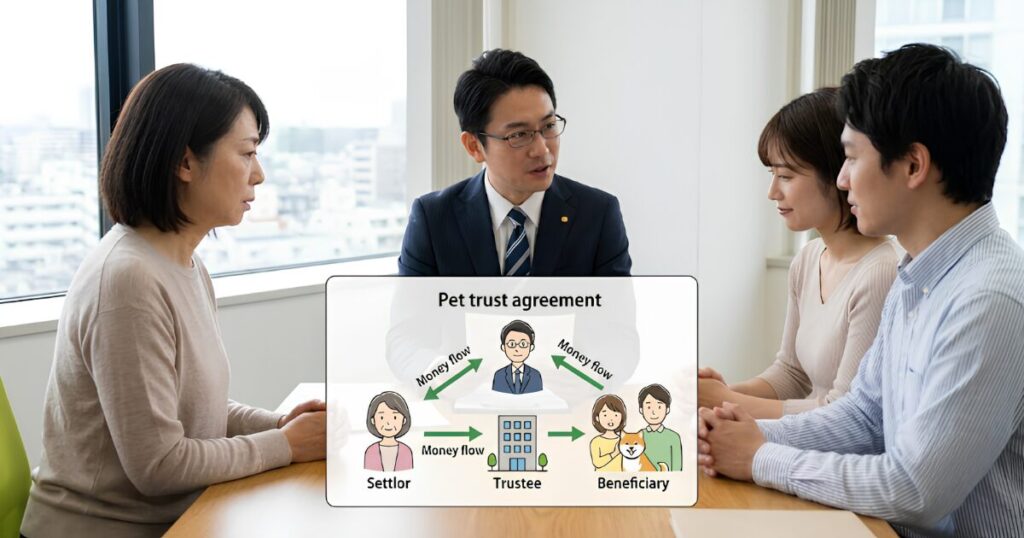法律事務所で、弁護士（右）からペット信託の仕組み（委託者、受託者、受益者、信託監督人の関係）について図解を用いて説明を受ける日本人の高齢女性（左）。確実な資金残しの相談。