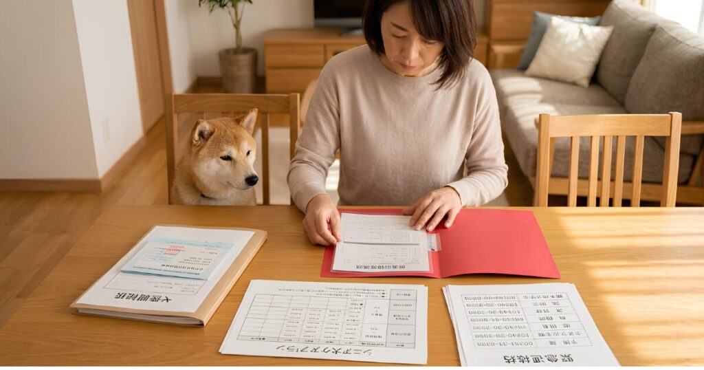 几帳面にペット用エンディングノート（赤いファイル）を作成する日本人の50代女性。ワクチン証明書、マイクロチップ番号、食事制限、かかりつけ病院情報などを整理している。