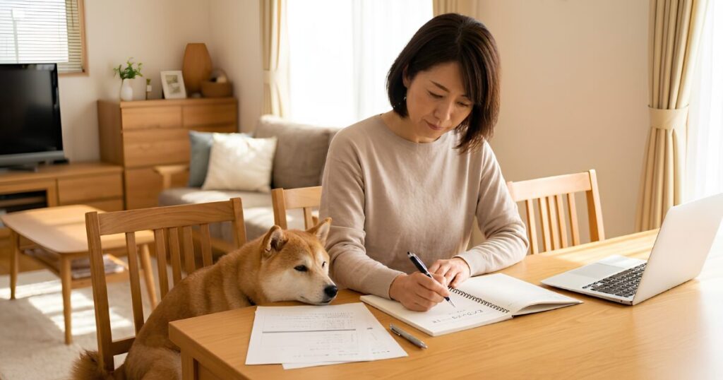 終活ノートを前に、愛犬の柴犬と真剣に向き合う日本人の50代女性。ペットのための終活の準備をイメージ。