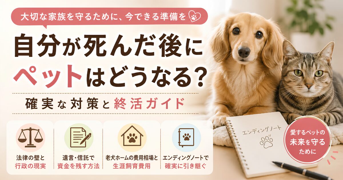 飼い主が亡くなった後のペットの行き先やペット信託、遺言、エンディングノートなど終活対策を解説する犬と猫のアイキャッチ画像