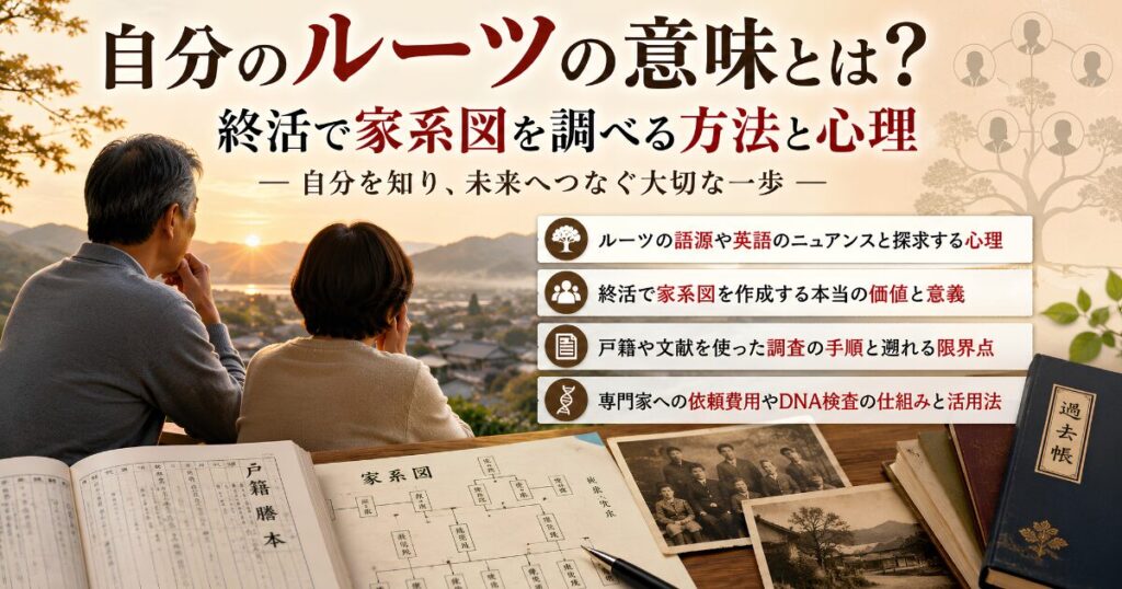 終活の一環として家系図や戸籍を調べながら自分のルーツを探る夫婦のイメージ