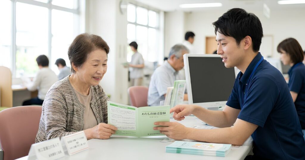 市役所の窓口で、高齢の日本人女性が、職員（日本人男性）から自治体の終活サポート制度（わたしの終活登録など）のパンフレットを笑顔で受け取り、説明を聞いている様子。