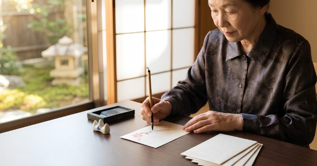 和紙の事後報告ハガキ（死亡通知）に、筆ペンで丁寧に文字を書く高齢の日本人女性の手元。故人の遺志を伝える大切な作業。