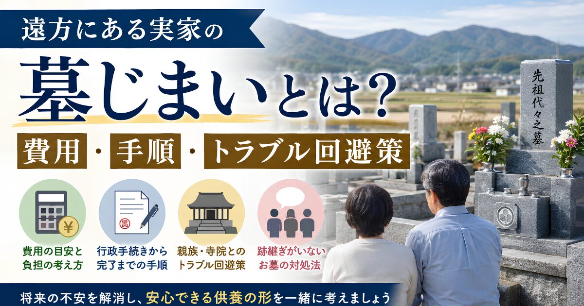 遠方にある実家の墓じまいについて、費用の目安や手続きの流れ、親族・寺院とのトラブル回避策を解説するアイキャッチ画像