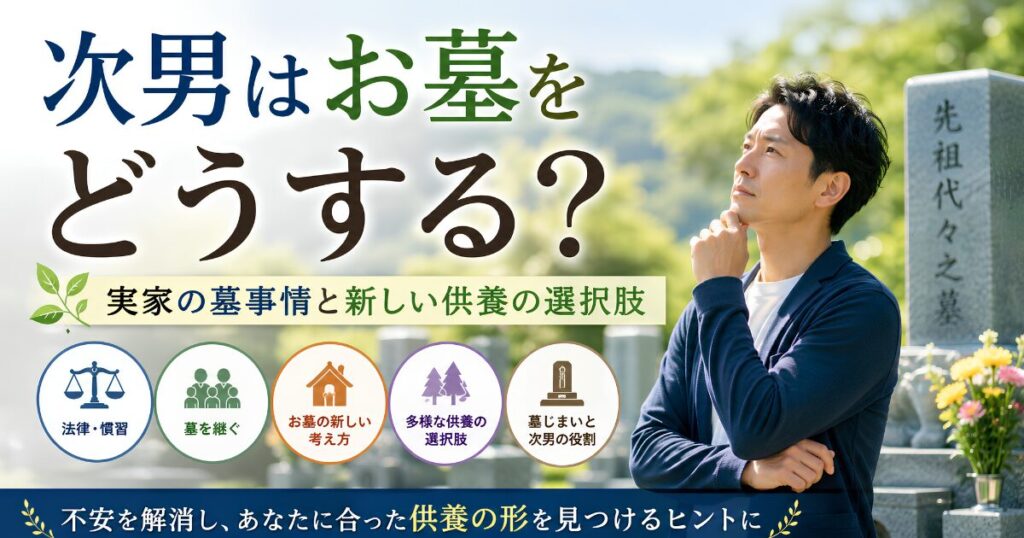 実家のお墓を継ぐべきか悩む次男の男性と墓石のイメージ。実家の墓に入る条件や墓じまい、樹木葬・納骨堂など新しい供養の選択肢を解説する記事のアイキャッチ画像