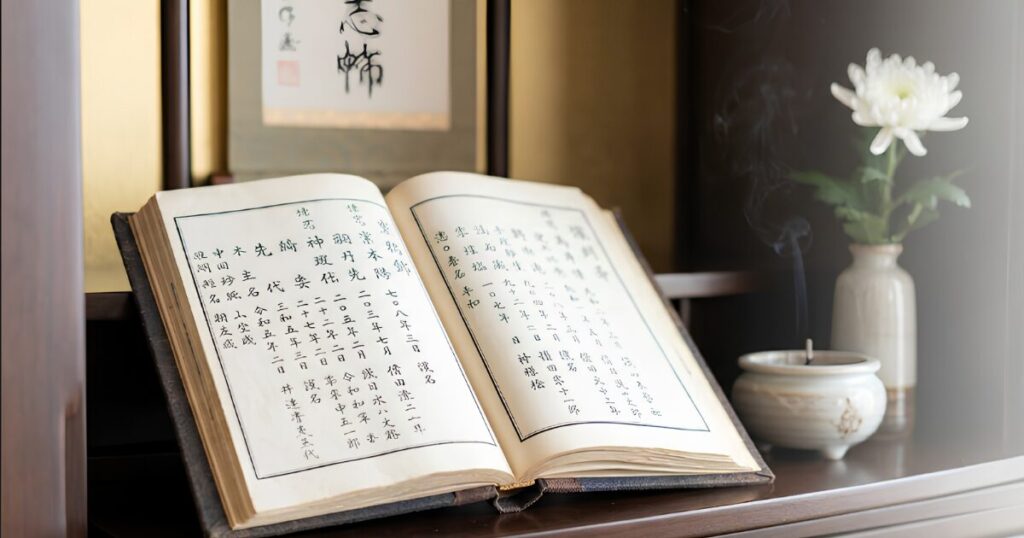 浄土真宗の家庭用仏壇に安置された、先祖の記録が記された過去帳と法名軸。位牌の代わりにこれらを用いる教えを視覚的に表現。