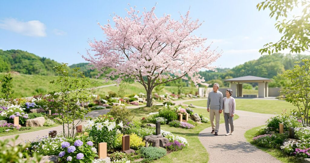 シンボルとなる美しい桜の木と鮮やかな草花に囲まれた、明るく開放的な樹木葬霊園の風景。自然に還る新しい供養の形。