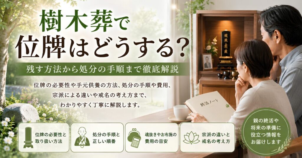 樹木葬を検討する夫婦がモダン仏壇の位牌を前に、手元供養や位牌の処分方法について話し合う様子