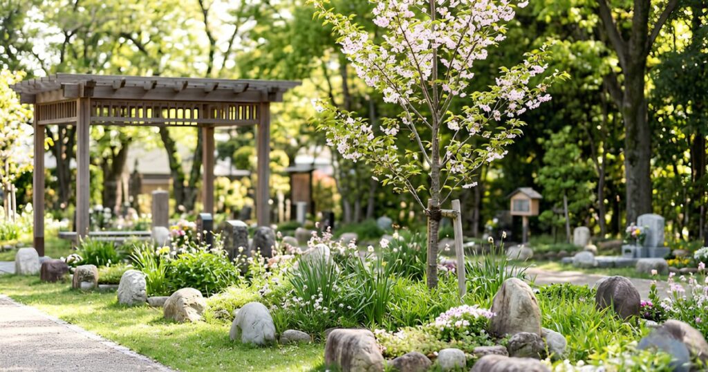 自然に囲まれた穏やかな日本の樹木葬霊園。シンボルツリーの麓に小さな自然石の墓標が並び、緑豊かな草花が手入れされている。