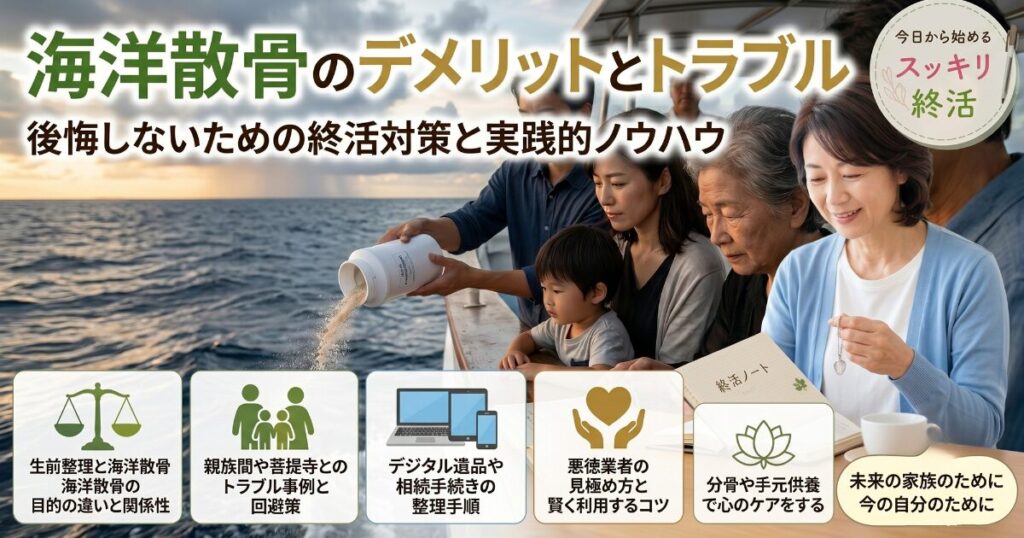 「海洋散骨のデメリットとトラブル 後悔しないための終活対策」という文字が書かれた、ブログ記事のアイキャッチ画像。船の上で遺骨を海に撒く家族の様子と、手元供養のペンダントや終活ノートを持つ女性のイラスト、下部にはトラブル事例や業者選びのコツなど5つの解説ポイントがアイコン付きで並んでいます。