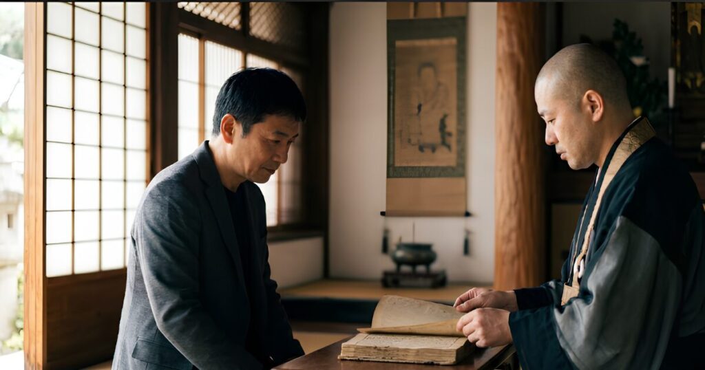 静かなお寺の本堂で、住職から古い過去帳の内容について説明を受ける、真剣な表情の日本人男性。