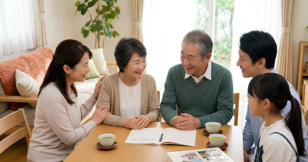 明るいリビングで、高齢の日本人夫婦が娘夫婦と孫と一緒に、笑顔でエンディングノートを見ながら将来のお墓や供養について話し合っている、温かい家族の風景。