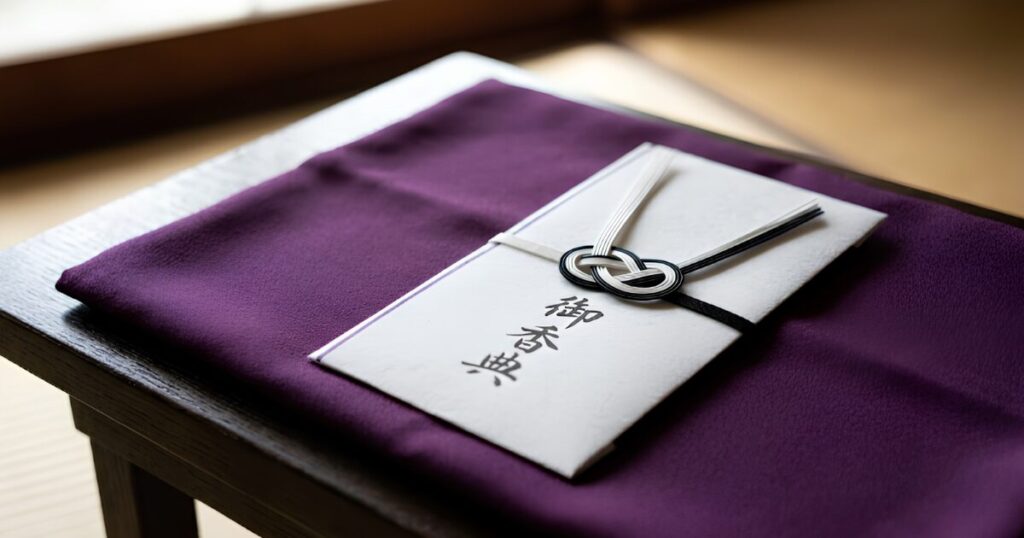 袱紗に包まれた香典袋。表書きは「御香典」と墨書きされ、黒白の結び切り水引がかかっている。日本の葬儀マナー。