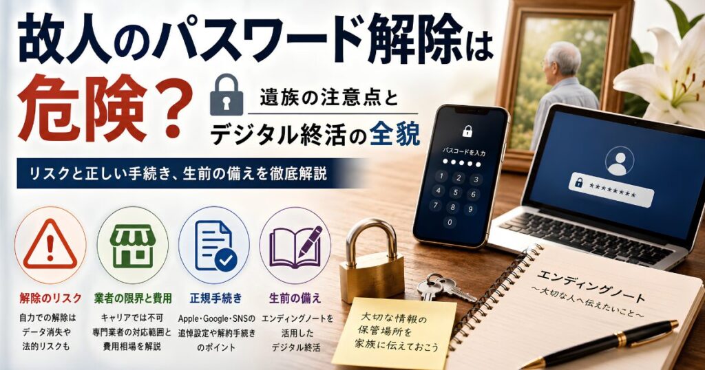 故人のスマートフォンやパソコンのパスワード解除に関する注意点とデジタル終活を解説するイメージ。ロックされたスマホとパソコン、エンディングノート、鍵が配置されている。