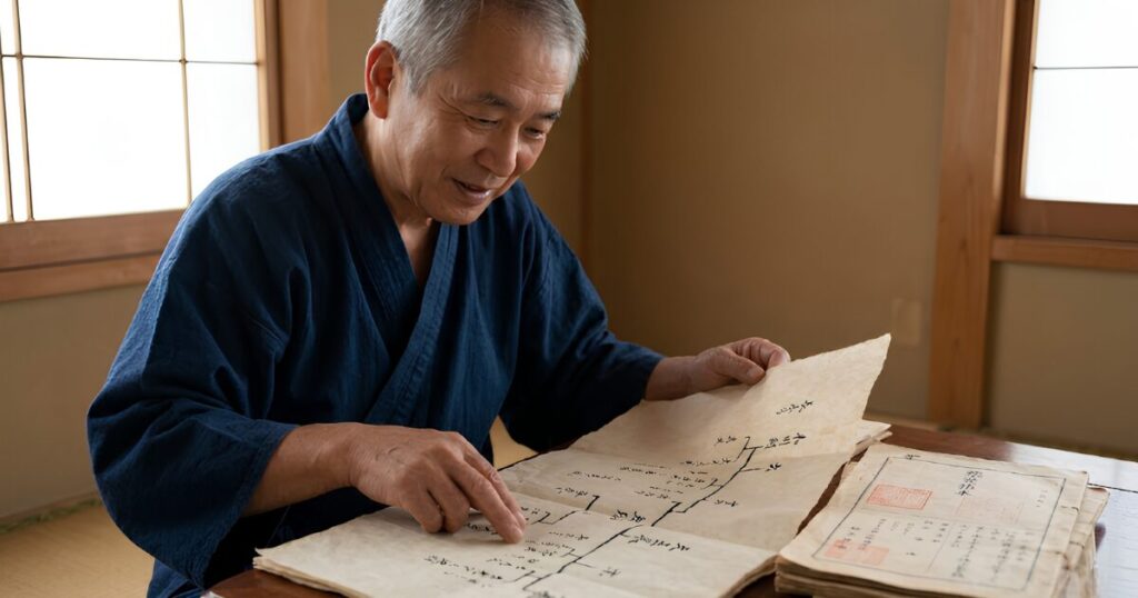 伝統的な和室で、古い戸籍謄本と手書き of 家系図を丁寧に照合する、集中した表情の日本人シニア男性。
