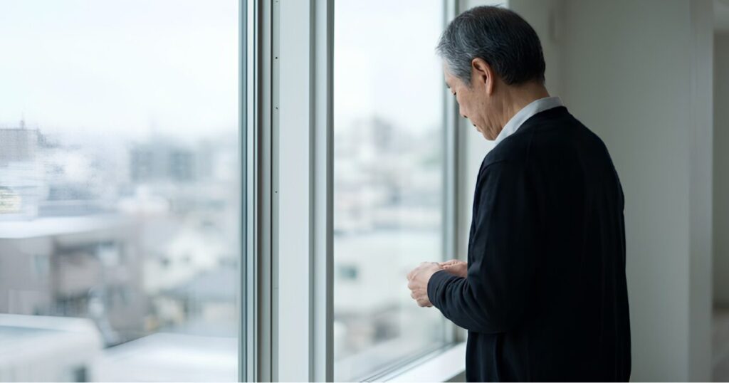 自宅マンションの大きな窓辺に立ち、遺体安置の課題や将来の暮らしに思いを巡らせながら外の街並みを静かに見つめるシニアの日本人男性の横顔