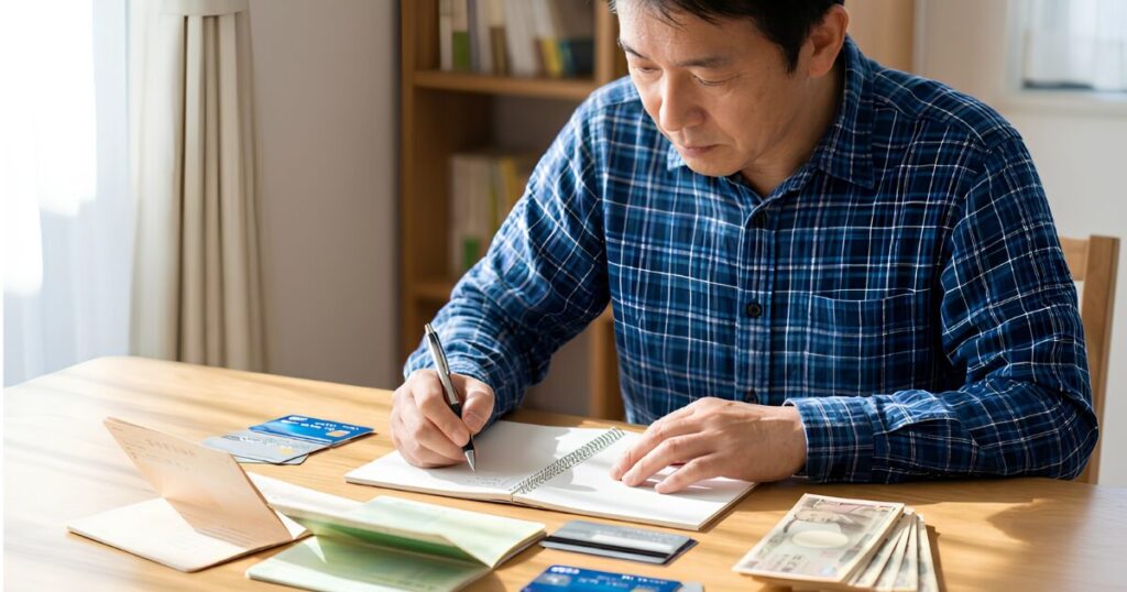 自宅の書斎で、50代の日本人の男性が真剣な表情で、複数の銀行通帳やクレジットカードを前にメモを取る様子