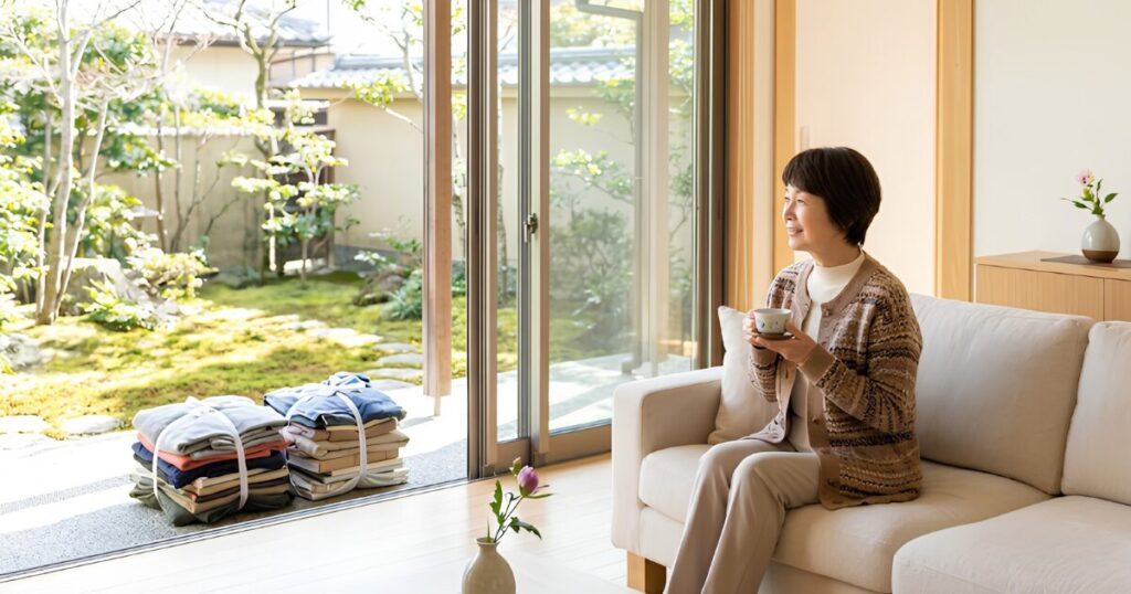 生前整理を行い、スッキリと片付いた広々としたリビングで、庭を眺めながら穏やかにくつろぐ日本人女性。快適な暮らし。