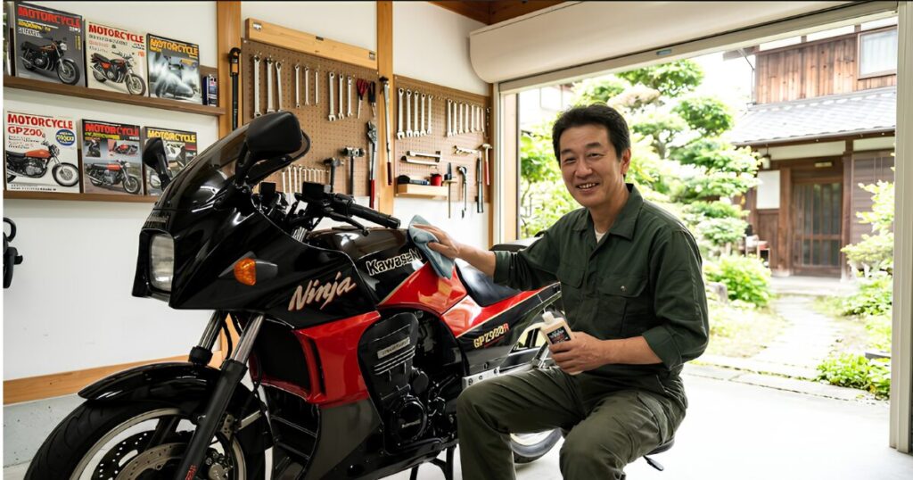 自宅のガレージで愛車のカワサキ GPZ900R Ninjaを丁寧にメンテナンスし、笑顔を見せる日本人男性。趣味の時間を楽しむイマ活。