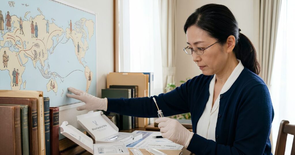 自身のDNA検査の結果を受け取り、世界地図と人類の移動経路に思いを馳せる、知的好奇心に満ちた日本人女性。
