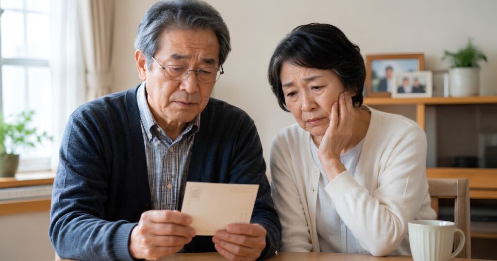 年賀状じまいの通知を受け取り、寂しそうな表情ではがきを見つめる日本人高齢夫婦の様子