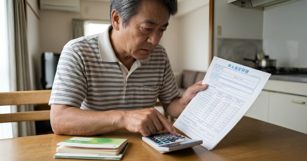 自宅の食卓で、日本の年金定期便の特定の行（無収入期間を示す箇所）を、真剣な表情で指差しながら確認する60代日本人男性の手元のアップ。定年退職後の経済的リスクを具体的に表現。