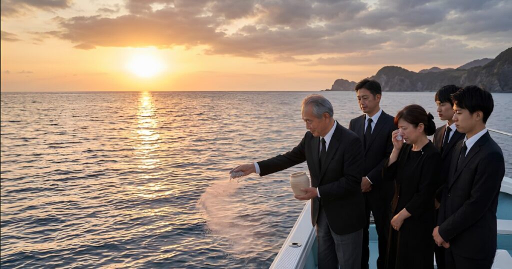 夕暮れの海でご遺骨を撒く日本人家族。海洋散骨の様子。