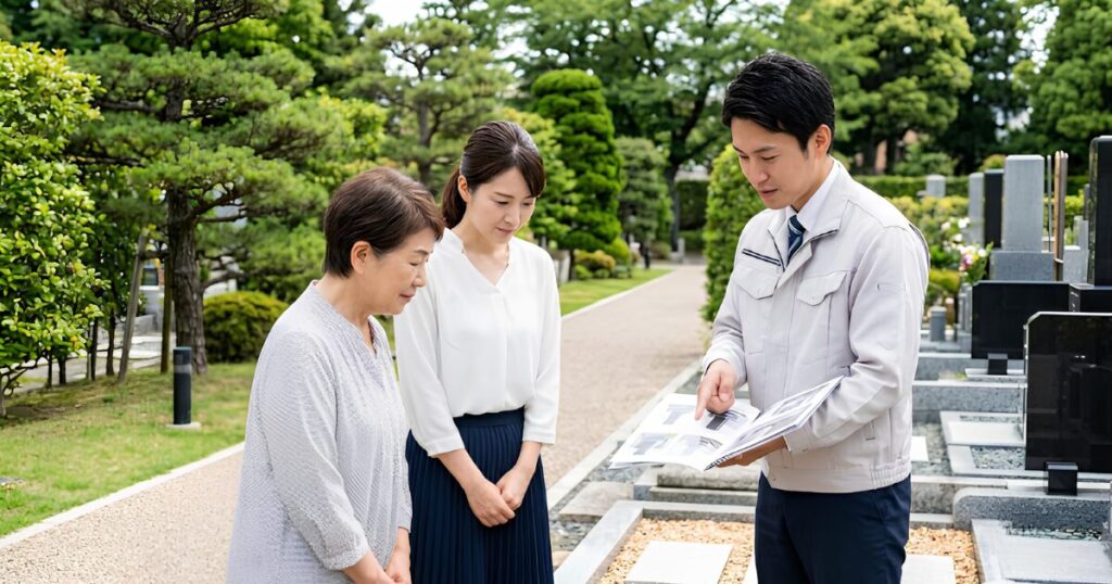 霊園で墓地見学をする高齢の日本人女性と娘が、スタッフと費用相場について相談している様子。穏やかな日差しの下、庭園のような区画が広がる。