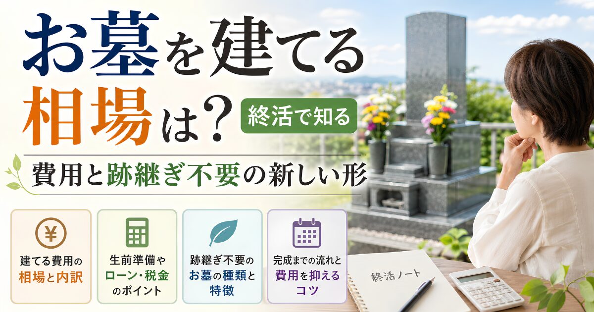 終活でお墓を建てる費用相場を検討する女性と墓石のイメージ。一般墓の価格、永代供養、樹木葬、納骨堂など跡継ぎ不要のお墓の選択肢を解説する記事のアイキャッチ画像。