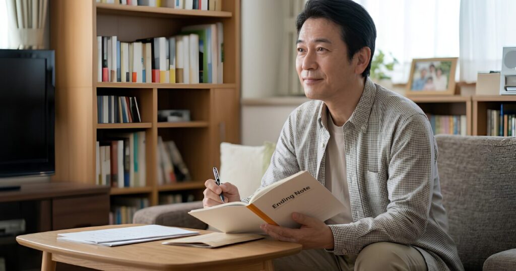 リビングのソファで、穏やかな表情でエンディングノート（紙のノート）にペンで書き込みをする日本人のシニア男性。