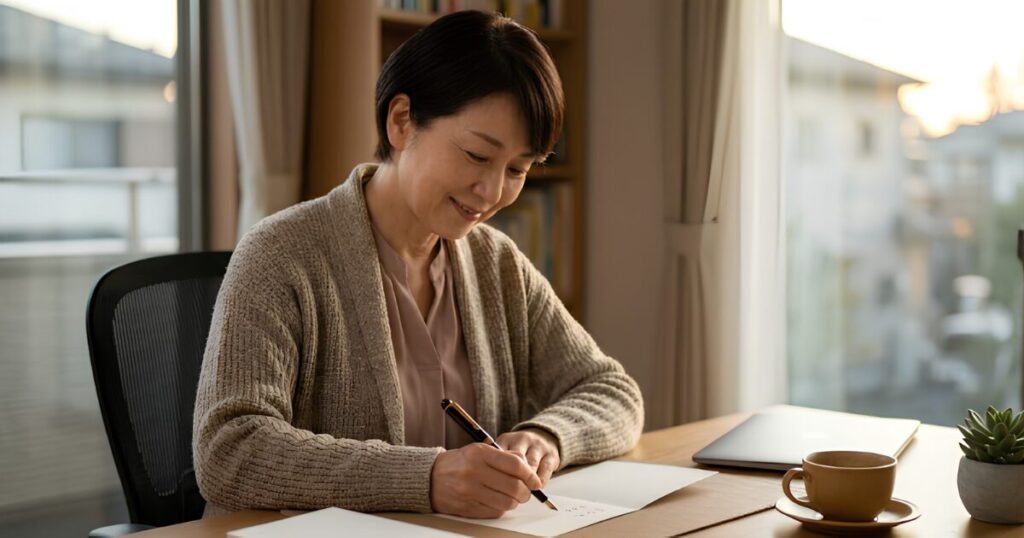 退職後の穏やかな午後に、50代後半の日本人女性が、自宅のデスクで丁寧に「お歳暮じまい」の挨拶状を書いている。