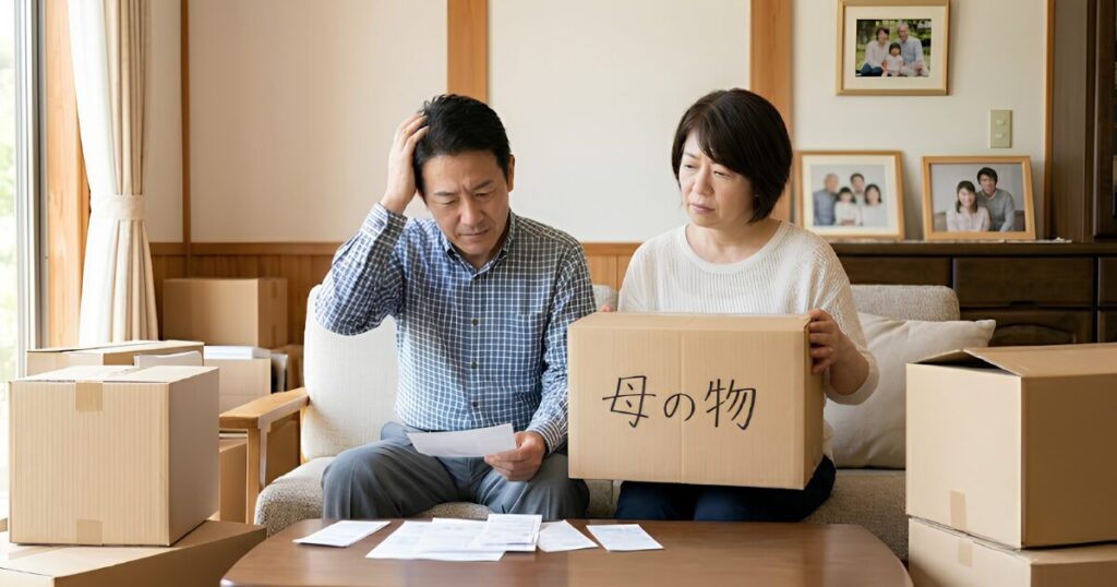 散らかったリビングで、段ボールや書類の山を前にして途方に暮れる50代の日本人の夫婦。