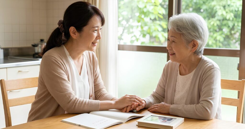 実家のキッチンで、日本人の母と娘が優しく手を取り合いながら、エンディングノートを開いて対話する様子。