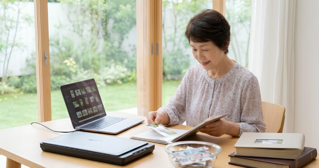 日本人の高齢女性が自宅の机で、古いアルバムから厳選した写真をスキャナーでデジタル化し、コンパクトなベストアルバムに再構成している作業風景。