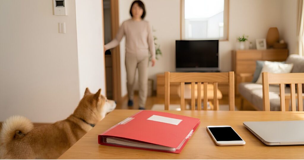 居間の目立つ場所（棚の上）に保管された、赤いペット用エンディングノート。横にはスマートフォンのデジタル遺品リスクを象徴する、ロックされたスマホが置かれている。アナログ保管の重要性を提示。