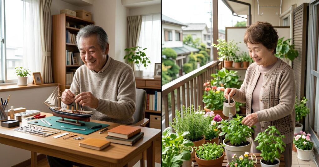 左側は新しい自室で趣味の模型作りに笑顔で没頭する高齢男性、右側は陽の差し込むベランダで植物に水をやりながら穏やかに微笑む高齢女性の、それぞれの自立したセカンドライフを表現した日本人の対比画像。