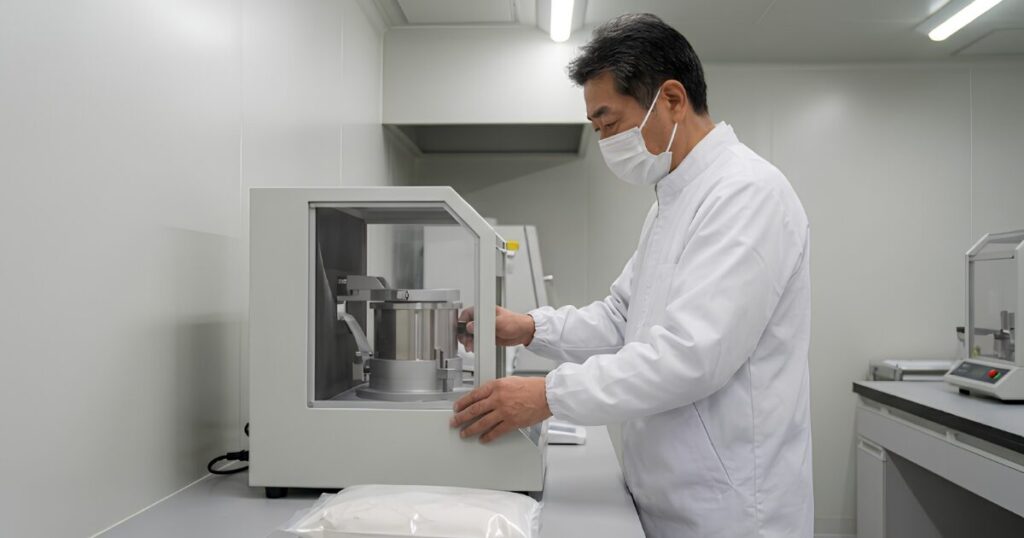 白衣を着た日本人の技術者が、清潔な作業場で専用の機械を使い、ご遺骨をパウダー状に粉骨している様子。