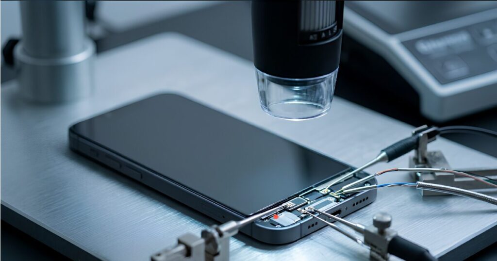 専門的な顕微鏡と、微細な端子に接続された特殊な器具を用いて、故人のスマートフォンの基盤から物理的にデータ抽出を試みるデジタル鑑識業者。