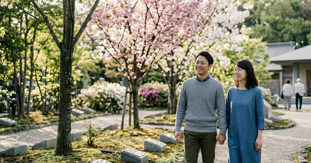 新しい供養先を見つけ、安堵の表情で樹木葬の公園を歩く夫婦。