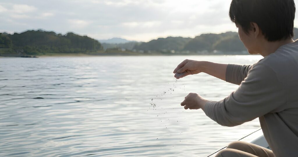 穏やかな海の上の船から、お墓を持たない新しい供養方法として遺骨を海へと撒く散骨を行う日本人の横顔