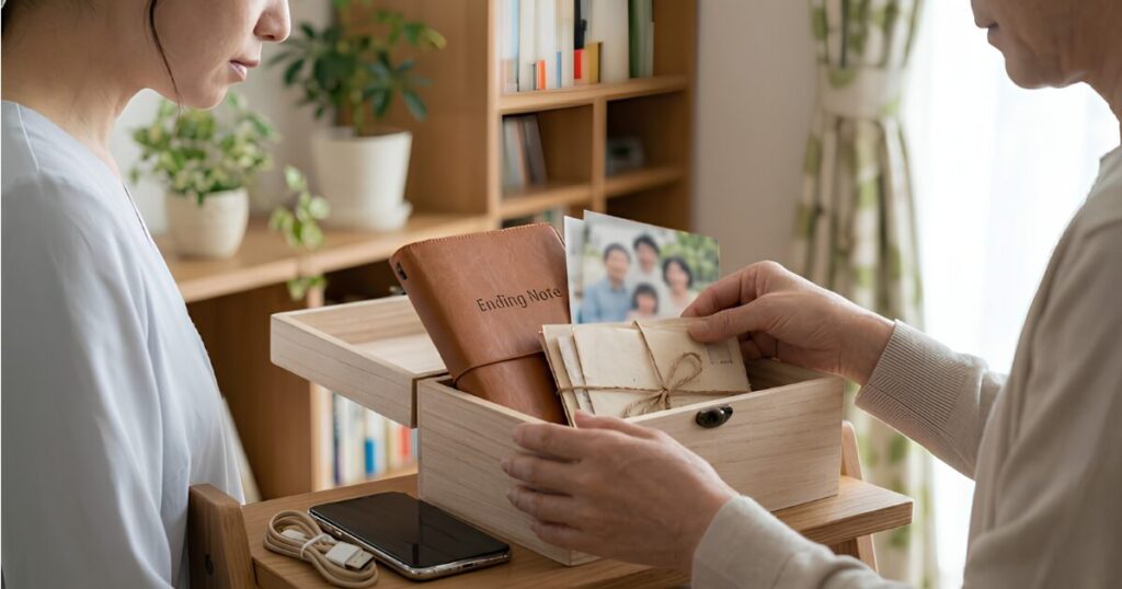 エンディングノートとスマートフォン、思い出の品（木箱）を前に、安心して微笑み合う日本人の家族（母、父、娘）。