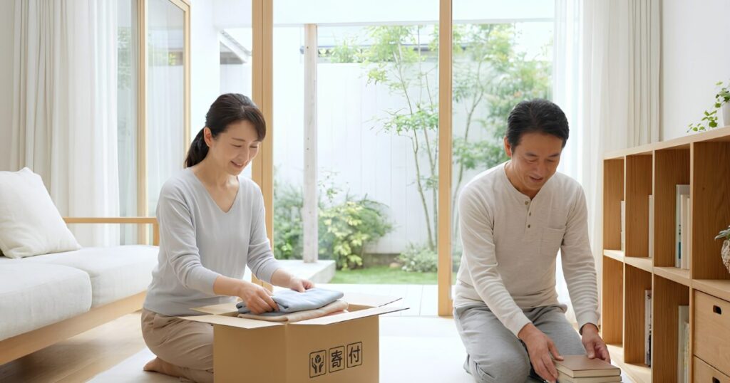 すっきりと片付いた日本の自宅で、生前整理として不用品を段ボールに仕分ける日本人夫婦。未来の家族のために準備を進める穏やかな様子。