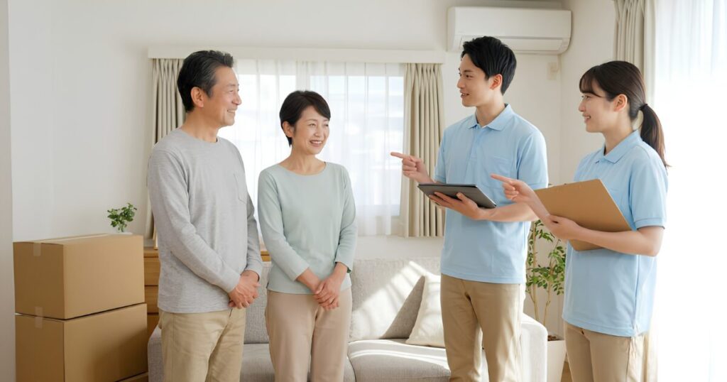 日本人の成熟した夫婦が自宅リビングで、生前整理業者(スタッフは誠実な印象)から訪問見積もりを受けている様子。業者の選び方を確認し、安心して依頼できるパートナーを探している。