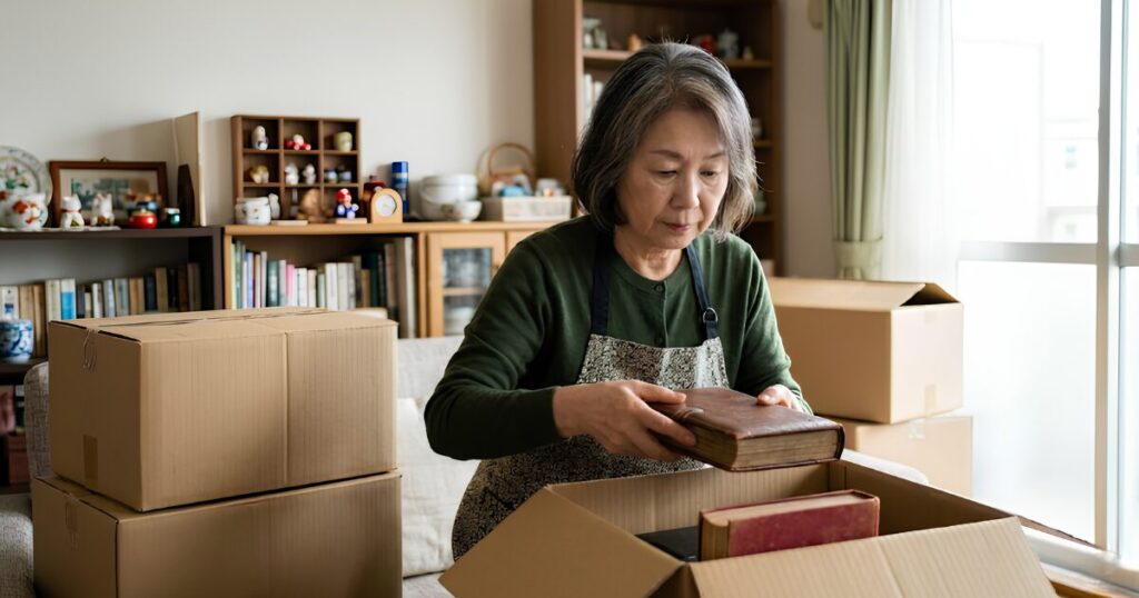 移住に向けた生前整理で、段ボール箱に古い本や食器を詰める高齢女性