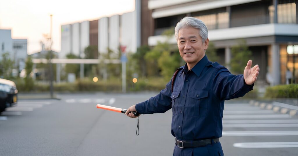 商業施設駐車場で、夕暮れ時に笑顔で交通誘導をする60代の日本人男性アルバイト。警備員の制服を着用し、やりがいを持って働く姿。