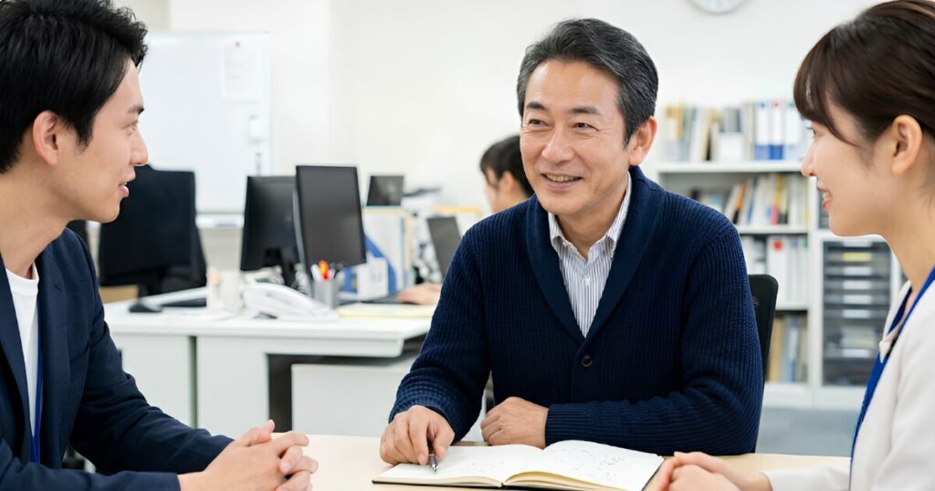 再雇用後も住み慣れた職場で後輩社員と笑顔で打ち合わせをする、安心した表情のシニア男性