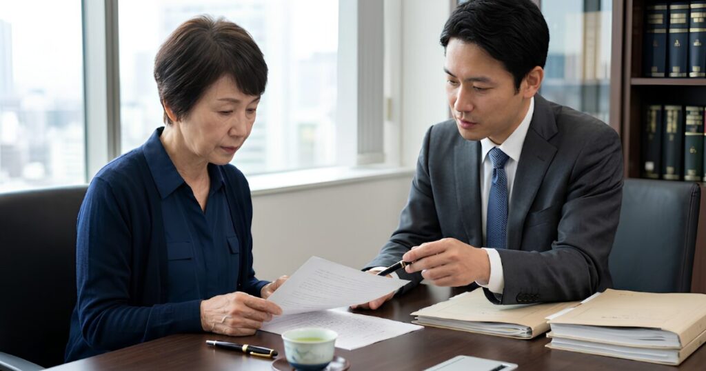 法律事務所で、男性弁護士の説明を真剣に聞く日本人の高齢女性。